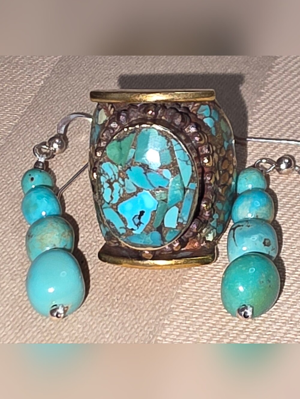 VINTAGE TIBETAN TURQUOISE RING WITH TURQUOISE EARRINGS SIZE 7.5